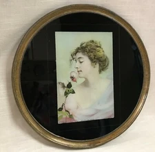 Flue Cover Victorian Lady & Rose Round Glass & Metal Frame With Chain Dated 1901