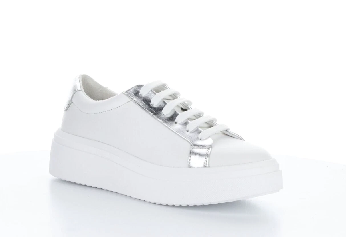 BOS.&CO. Women's FUZI Platform Lace-Up Sneaker, White/Silver Leather Size EU 40