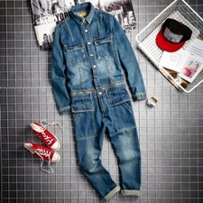 Retro Mens Denim Jumpsuits Overalls Jeans Dungaree One Piece Pants Slim Playsuit