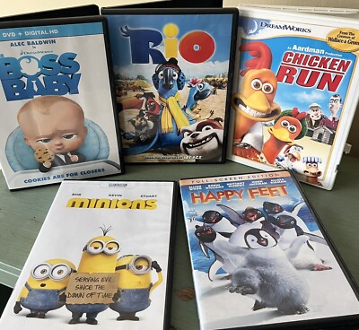 Chicken Run, Boss Baby, Minions, Rio, Happy Feet - Animated Kids DVD Lot of 5