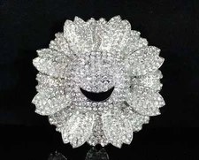 3.5-INCH HAPPY SUNFLOWER FLOWER AUSTRIAN RHINESTONE SILVER BROOCH PIN B1868CLEAR