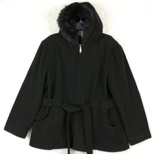 Mario De Pinto Womens Coat Wool Blend Belt Hooded Faux Fur Black Full Zip Xl