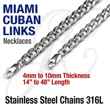 Stainless Steel 316L Miami Cuban Curb Link Chain Necklace 14-48" Silver Color