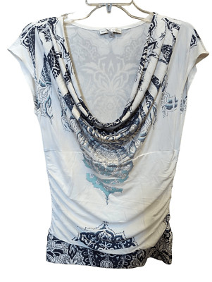 Moa Moa Women's White & Blue Lace Sleeveless Ruched Side Cowl Neck Blouse Extra