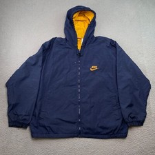 Vtg Nike Jacket Mens 2XL Navy Blue Yellow Windbreaker Silver 90s Hood Track