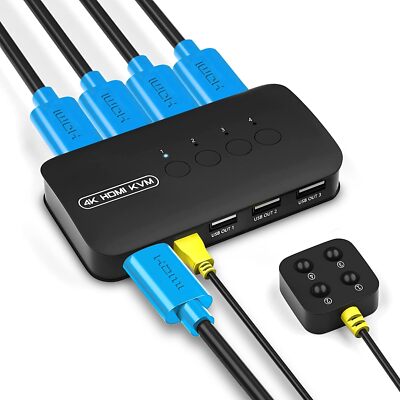 4 Port Hdmi Kvm Switch With Remote Control Supports 4K 30Hz Resolution