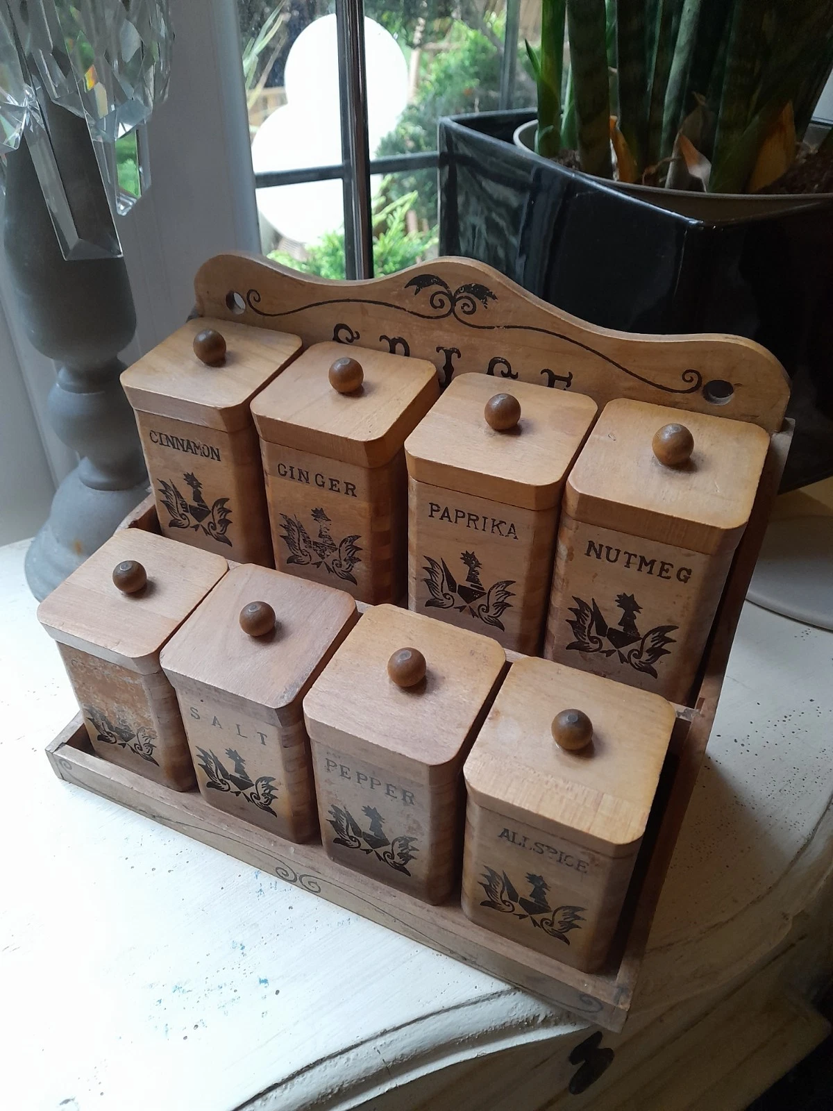 Vintage wooden spice herb boxes with rack used read description