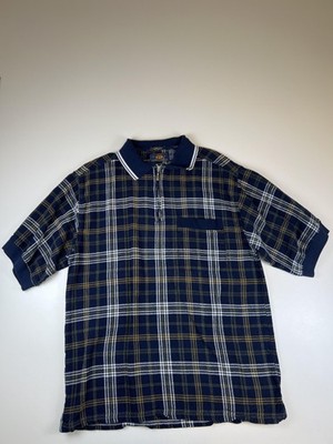 Route 66 Polo Shirt Mens Large Blue Plaid 1/4 Zip Pocket Short Sleeve Casual