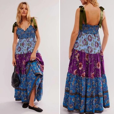 NEW SOLD OUT Free People Bluebell Mixed Print Cotton Aqua Blue Maxi Dress NWT XL