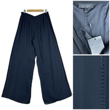 NEW St John Wide Leg Silk Georgette Pleated Pants Black Beaded Embellished Sz 10