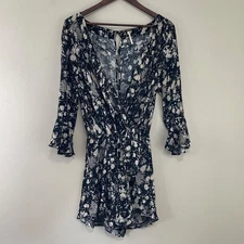 Free People All The Right Ruffles Romper Medium Floral Boho Bell Sleeves Wrap