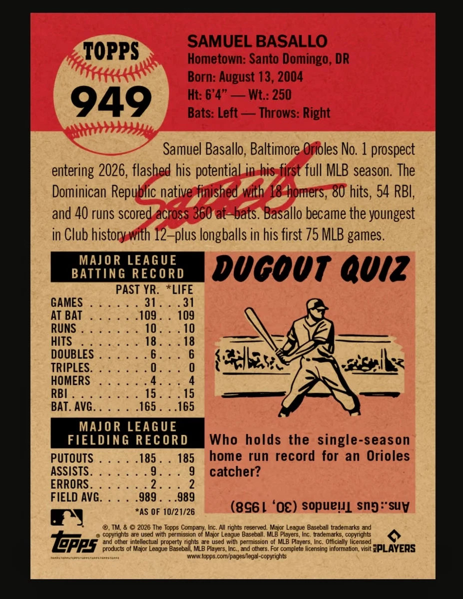JUEGO TOPPS LIVING 949 SAMUEL BASALLO ORIOLES RC ENVÍO GRATUITO PREVENTA