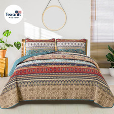 Boho Queen Quilt Set, Green and Brown Bohemian Queen Quilt Bedding Set, Lightwei