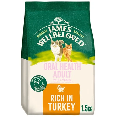 1.5kg James Wellbeloved Oral Health 1-7 Years Adult Dry Cat Food Rich in Turkey