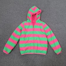 Hanna Andersson Size 130 US 6-7 Puffer Jacket Pink Green Fleece Lined Hooded