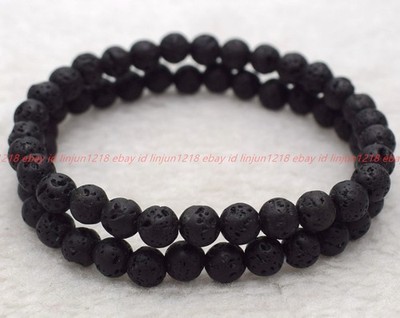 Natürliche 2 Stck. 6/8/10 mm Schwarz Lavagestein Rund Edelstein Perlen Armband 7,5 Zoll