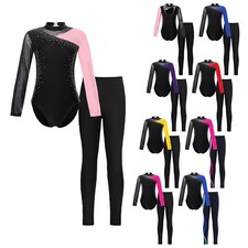 Girls 2 Piece Dance Outfits Gymnastics Tracksuit Athletic Set Unitards Biketards
