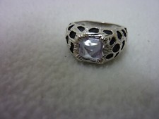 SILVER TONE PURPLE LILAC "STONE" BLACK ENAMEL SPOTTED RING SIZE 8