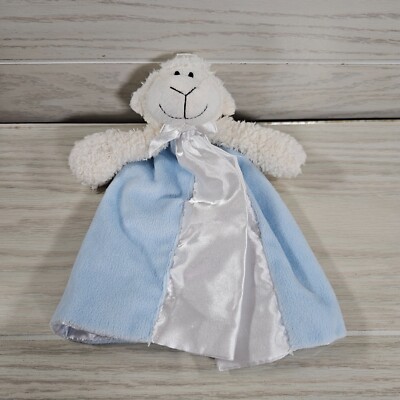 First Friends Blue White Lamb Sheep Lovey Blanket with Pacifier Strap Satin