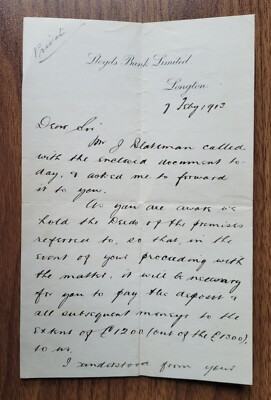 1913 Lloyds Bank Ltd, Longton, Letter Signed by Aubrey Smith Manager