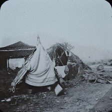 Glass Magic Lantern Slide Cuban War 7 Locals Makeshift Housing Cuba c1898