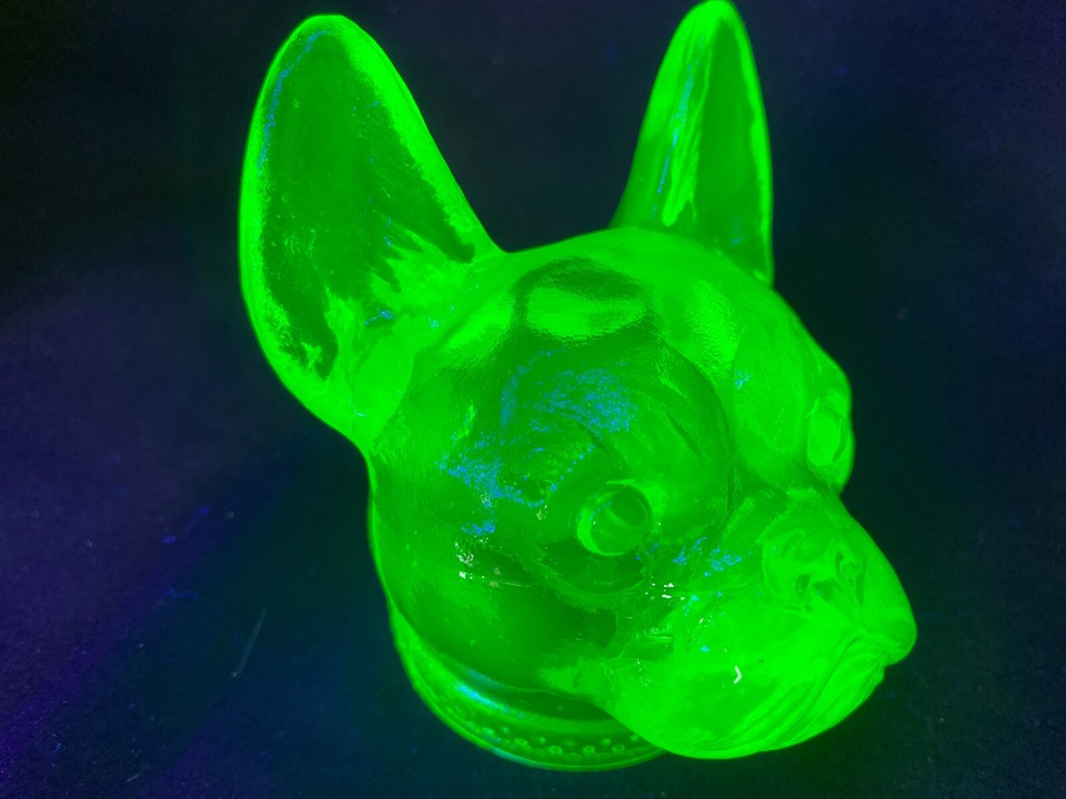 Green Vaseline glass Boston Terrier dog head puppy french bulldog