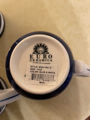 Euro Ceramica Mug Blue And White Set Of Four New Open Box