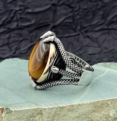 Natural Tiger's Eye Gemstone in Solid 925 Sterling Silver Eagle Claw Men's Ring