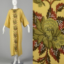 OSFM Yellow Kaftan 1970s Boho Floral Embroidery Long Sleeve Maxi Dress 70s VTG