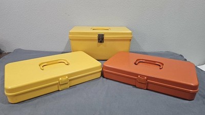 Vintage lot of 3 Wilson Wil-Hold Plastic Sewing Boxes Orange And Yellow NICE