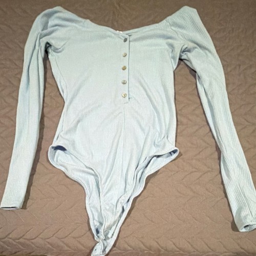 Fashion Nova Light Blue Button Front Long Sleeve Bodysuit Size S