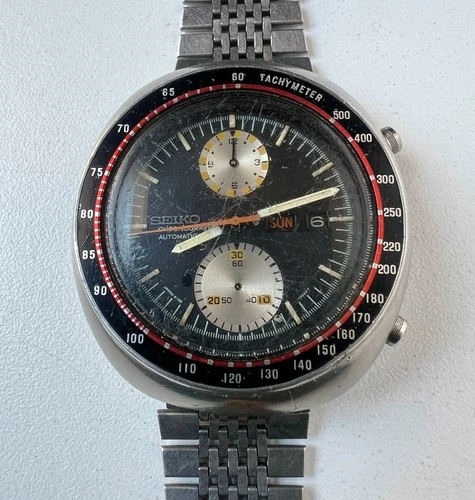 SEIKO 6138-0011 Automatic Chronograph Watch Vintage Mens UFO Black Dial 21 J