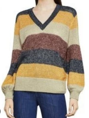bcbg max azria Striped V Neck  Sweater With Metallic Sheen