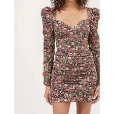 Astr the Label Jadine Dark Floral Mini Dress Ruched Puff Long Sleeves Coquette