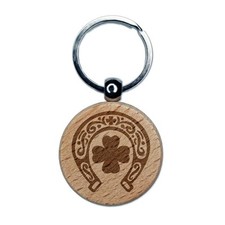 Lucky Horseshoe Shamrock Four Leaf Clover Engraved Wood Round Keychain Tag Charm