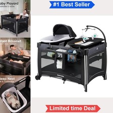 Baby Playard 4 in 1 Bassinet Changing Table Portable Crib with Toy Mobile