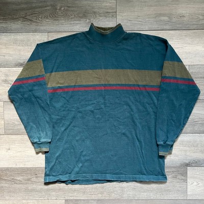 Vintage L.L.Bean Mens 2XL Mock Neck Striped Knit Sweater Green Made in USA
