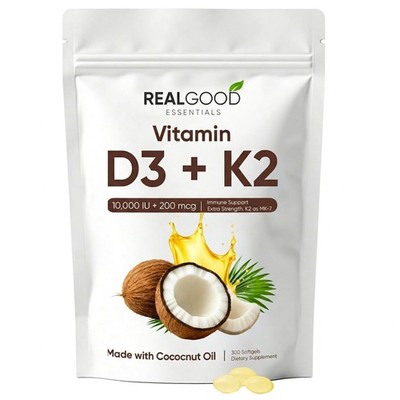Real Good Essentials Vitamin D3 K2 300 Softgels Bone Heart Immune Support