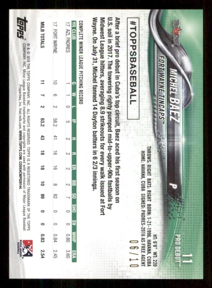 2018 Topps Pro Debut Red #11 Michel Baez /10 - Image 2 of 2