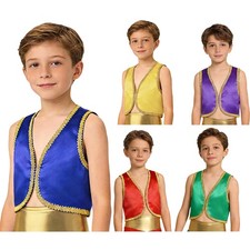 UK Kids Boys Arabian Prince Costume Open Front Golden Trimming Vest Waistcoat