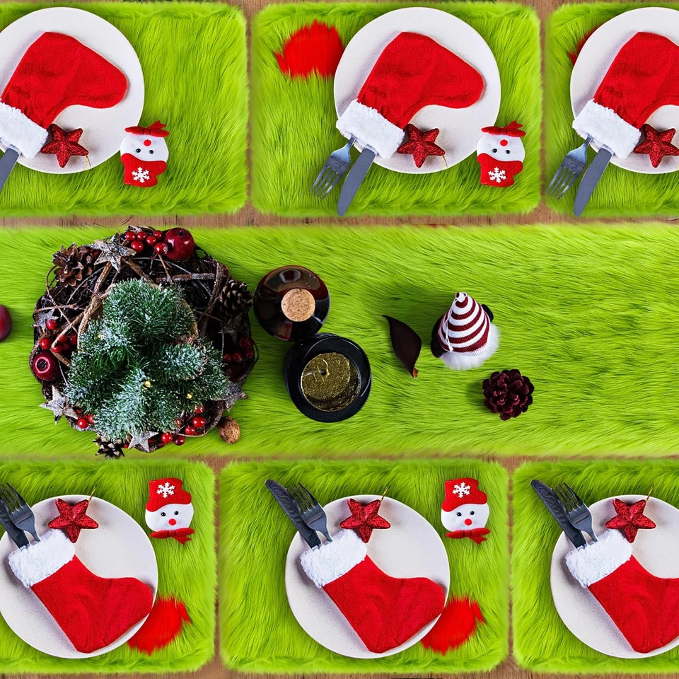 7 Pcs Christmas Lime Green Faux Fur Table Runner and Placemat Set 72 x 13 Inc... - Image 4 of 4