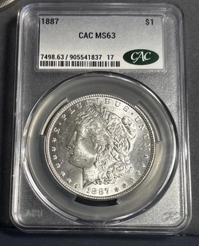 1887 Morgan Dollar MS 63 CAC  Silver Uncirculated $1 Coin Cert#7498.63/905541873