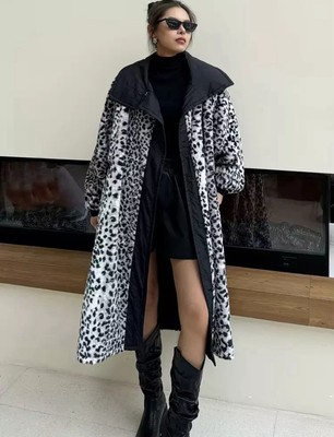 Schwarze Urban Street Designer Jacke Kunstfell Tiermotiv locker fließend Mantel 10 12