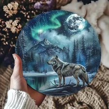 Wolf in Northern Lights Scenery Aluminum Foil Engraving Art Plate - 1 Pack, Vint