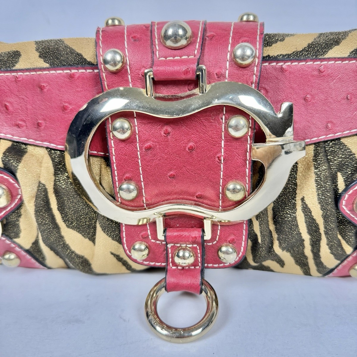 Guess Vintage Y2K Tiger Print Shoulder Bag red Ostrich Trim Gold