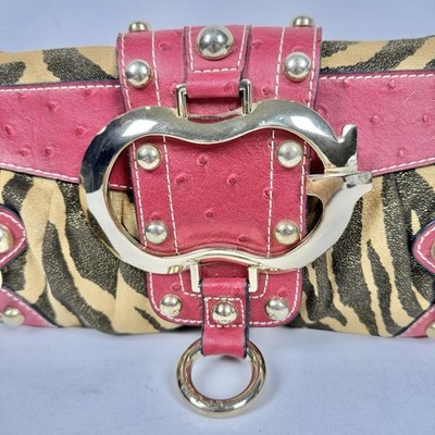 Guess Vintage Y2K Tiger Print Shoulder Bag red Ostrich Trim Gold