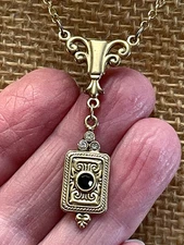 Etruscan or Victorian Revival Style Pendant Necklace w Black Stone 19" Goldplate