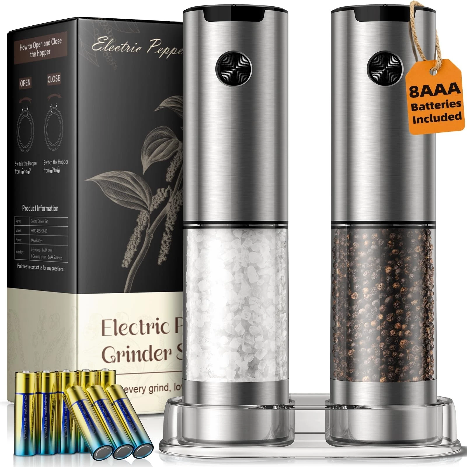 Automatic Electric Salt and Pepper Grinder Set - Adjustable Coarseness, LED, Lar