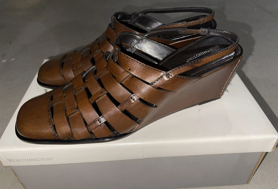 Sandalias Worthington Medianas Marrón Tejido Cesta Cuero Cuña Superior 8.5 Brasil Foto 3 de 4
