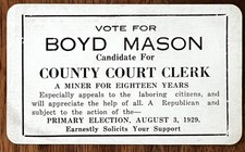 1929 County Court Clerk Candidate ~ Boyd Mason, Morgan County, Kentucky